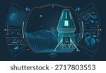 concept of space engineering or space industry, graphic of module landing or space shuttle with aerospace elements and wireframe surface interface
