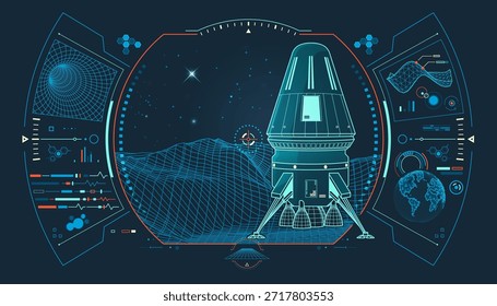 Concepto de ingeniería espacial o industria espacial, gráfico de módulo de aterrizaje o transbordador espacial con Elementos aeroespaciales e interfaz de superficie de estructura metálica