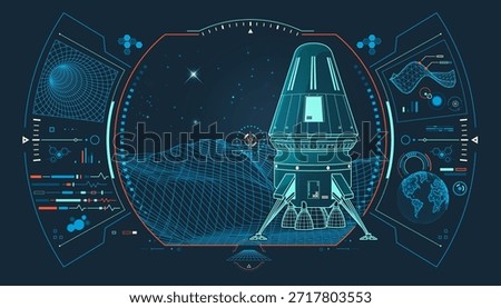concept of space engineering or space industry, graphic of module landing or space shuttle with aerospace elements and wireframe surface interface