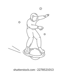 The concept of space exploration. An astronaut in space riding a mono wheel