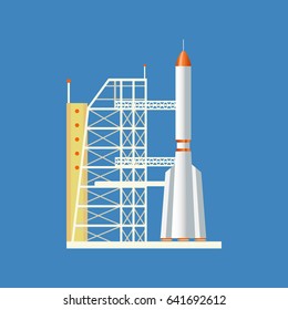 Concept of space, the exploration of outer space. Air vehicles. A rocket launched from a station into the air, installed on a technical base. Modern vector illustration isolated on white background.
