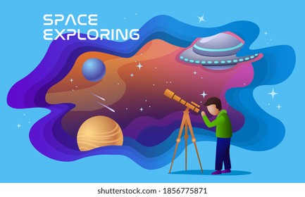 Concept of space exploring. Astronomer with telescope exploring night sky with planets, stars and UFO. Astronomy science. Cartoon flat vector illustration