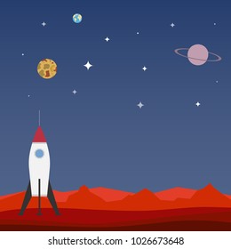 The concept of space flight. The rocket landed on planet. Flat design, vector illustration, vector.