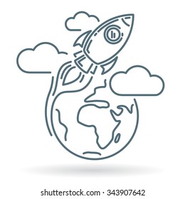 Concept space rocket fly around world icon. Rocket orbiting earth with clouds sign. Thin line icon on white background. Vector illustration.