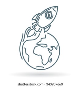 Concept space rocket fly around world icon. Rocket orbiting earth sign. Thin line icon on white background. Vector illustration.