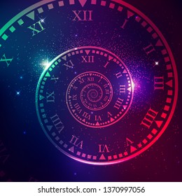 concept of space of time in the universe, spiral clock with galaxy star background