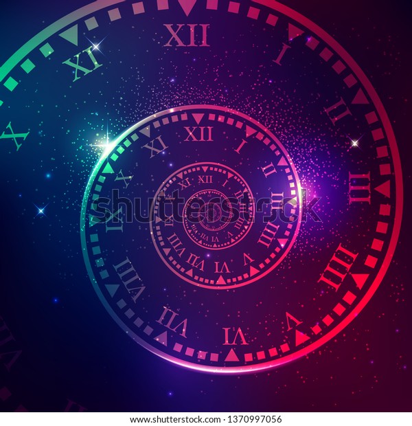宇宙の時空のコンセプト 銀河星の背景に渦巻き状の時計 のベクター画像素材 ロイヤリティフリー