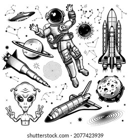 The concept of space travel. Elements of design, logo, and emblem on a white background. Astronaut Drifting Through Space. Alien showing piece signs. Space ships.Vector Engraving Illustration.