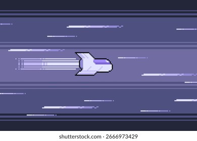 Concepto de nave espacial en vista lateral con líneas de velocidad, tono de color púrpura, píxel arte