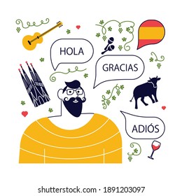 Concept of Spanish language course or school. Male student with Hello, thanks and bye in Spanish and landmarks logos around. Vector Illustration