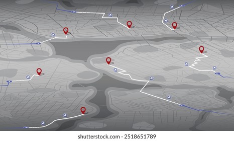 Conceito de detecção de velocidade. Violação do radar de localização e da regra de tráfego rodoviário. Mapeie em escala de cinza com as rotas designadas. POI marcado com pinos vermelhos ao longo da rota. Ilustração vetorial