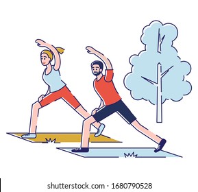 Concept Of Spending Free Time Outdoor. Happy People Lead Healthy Lifestyle. Male And Female Characters Are Doing Yoga Together In The Open Air. Cartoon Linear Outline Flat Style. Vector Illustration