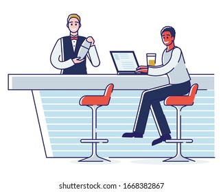 Concept Of Spending Time In A Bar. Man Is Having A Good Time Working Remotely On Laptop At A Bar Counter. Man Bartender Professionally Make A Cocktail. Cartoon Outline Linear Flat Vector Illustration