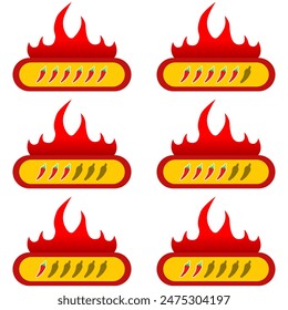 The concept of spiciness level is an indicator of the strength scale of red chilies with the positions mild, medium, hot and extra hot. Vector labels of spiciness levels on the spice and sauce flavor 