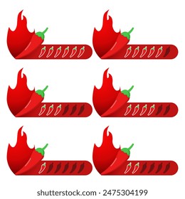 The concept of spiciness level is an indicator of the strength scale of red chilies with the positions mild, medium, hot and extra hot. Vector labels of spiciness levels on the spice and sauce flavor 