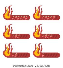 The concept of spiciness level is an indicator of the strength scale of red chilies with the positions mild, medium, hot and extra hot. Vector labels of spiciness levels on the spice and sauce flavor 