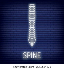 Concept spine bone icon glow neon style, skeleton part organism, roentgen human body image isolated on black, flat vector illustration. Silhouette black biological science.