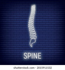 Concept spine bone icon glow neon style, skeleton part organism, roentgen human body image isolated on black, flat vector illustration. Silhouette black biological science.