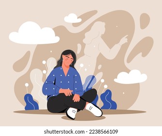 Concept of spirit separation. Girl sits in lotus position and sleeps, and spirit or ghost comes out of her. Imagination and fantasy, fairy tale. Magic and sorcery. Cartoon flat vector illustration