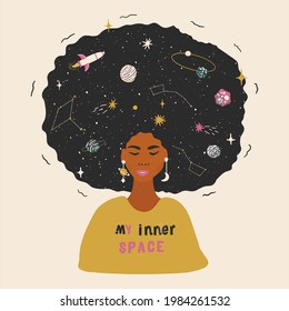 The concept of spirituality and mental health. Beautiful black woman with cosmic afro hair. Space illustration for printing on a T shirt, postcard, pillow, poster, textile and more.