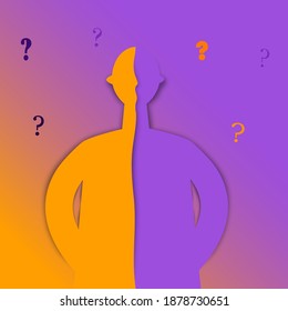 Concept of Split Personality or Schizo Diagnosis and or Duality in Personality. Illustration of Inner Conflict with Many Questions Arose. Bipolar Disorder Illustration. Duotone Flat Picture.