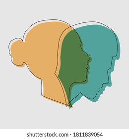 concept of split personality. two contours and silhouettes of a male and female face. Stock illustration
