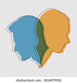 concept of split personality. two contours and silhouettes of a male and female face. Stock illustration