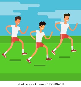 Concept of Sport and activity people. Group of young men running. Jogging cartoon character. Sprint marathon.