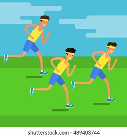 Concept of Sport and activity people. Group of young men running. Jogging cartoon character. Sprint marathon. Flat design, vector illustration.
