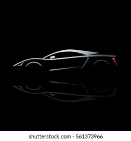 Concept sport car silhouette with reflection. Can be used as symbol of auto club, racing team, automotive engineering company. Stylized vector illustration on black background.