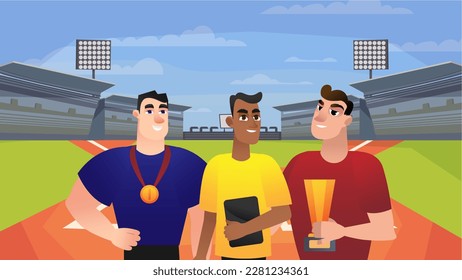 Concept Sport competition with people scene in the flat cartoon design. Football team won the match and received the cup. Vector illustration.
