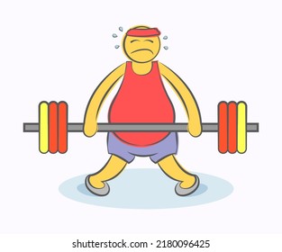 Concept Of Sport Failure And Defeat. Unsuccessful Athlete. Man Can't Get Up With Barbell. Hand Drawn Cartoon Doodle Vector Illustration. Funny Person.