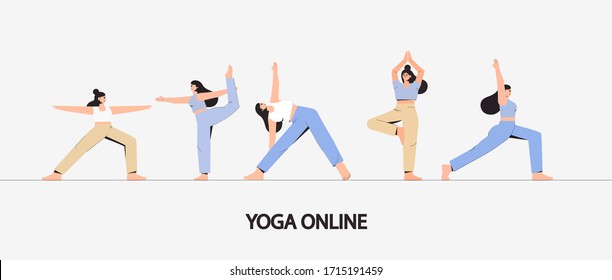 Concept sport in home and fitness, healthy lifestyle. Young woman in different yoga poses isolated on white background. Flat style vector illustration. 