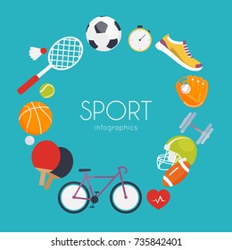 Concept of sport infographics. Icons for web: fitness, sport equipment and metrics. Flat design vector illustration.