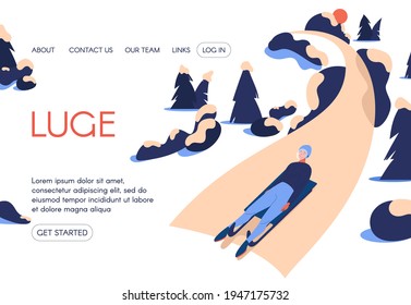 Concept sport landing page about professional luge banner drawn in cartoon style with trees and stones