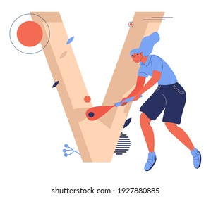 Concept sport letter V for vigoro. Woman with racket playing and smiling