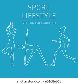 Concept of sport lifestyle, exercise, sports equipment, nutrition, vector background, health, banner, silhouette
