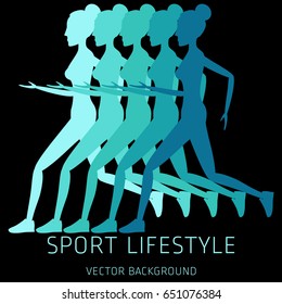 Concept of sport lifestyle, running, sports equipment, nutrition, vector background, health, banner, silhouette