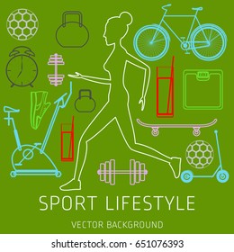 Concept of sport lifestyle, running, sports equipment, nutrition, vector background, health, banner, silhouette