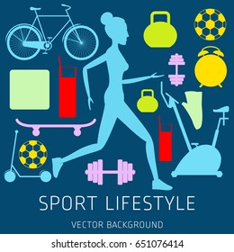 Concept of sport lifestyle, running, sports equipment, nutrition, vector background, health, banner, silhouette