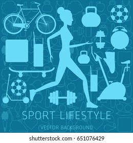 Concept of sport lifestyle, running, sports equipment, nutrition, vector background, health, banner, silhouette