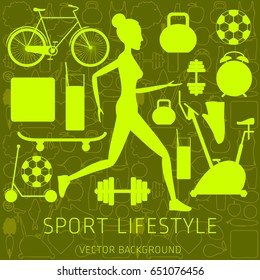 Concept of sport lifestyle, running, sports equipment, nutrition, vector background, health, banner, silhouette