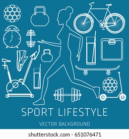 Concept of sport lifestyle, running, sports equipment, nutrition, vector background, health, banner, silhouette