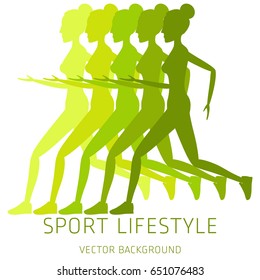 Concept of sport lifestyle, running, sports equipment, nutrition, vector background, health, banner, silhouette