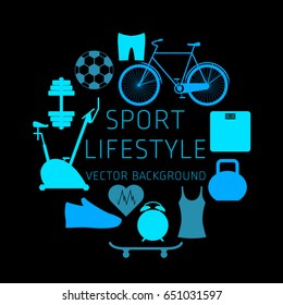 Concept of sport lifestyle, sports equipment, vector background, health, banner, silhouette