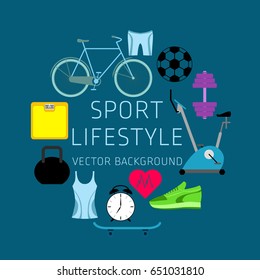Concept of sport lifestyle, sports equipment, vector background, health, banner, silhouette