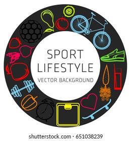 Concept of sport lifestyle, sports equipment, nutrition, vector background, health, banner, silhouette