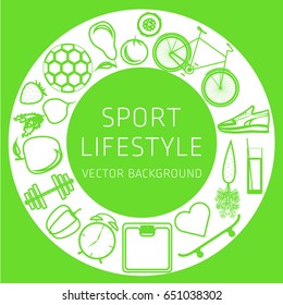 Concept of sport lifestyle, sports equipment, nutrition, vector background, health, banner, silhouette