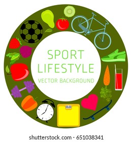 Concept of sport lifestyle, sports equipment, nutrition, vector background, health, banner, silhouette