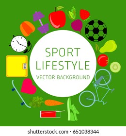 Concept of sport lifestyle, sports equipment, nutrition, vector background, health, banner, silhouette